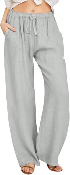 Summer Linen Pants Women Lightweight Wide Leg Palazzo Pants Loose Fit Drawstring Flowy Lounge Trousers with Pockets