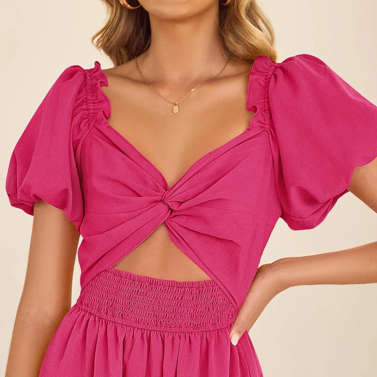 Summer Maxi Smocked Dresses for Women 2025 Vacation Short Puff Sleeve V Neck Cut Out Knot Long Flowy Tiered A Line Dress