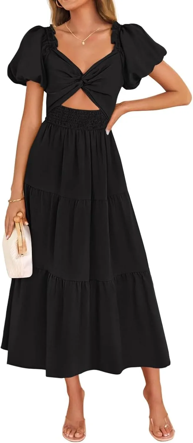 Summer Maxi Smocked Dresses for Women 2025 Vacation Short Puff Sleeve V Neck Cut Out Knot Long Flowy Tiered A Line Dress