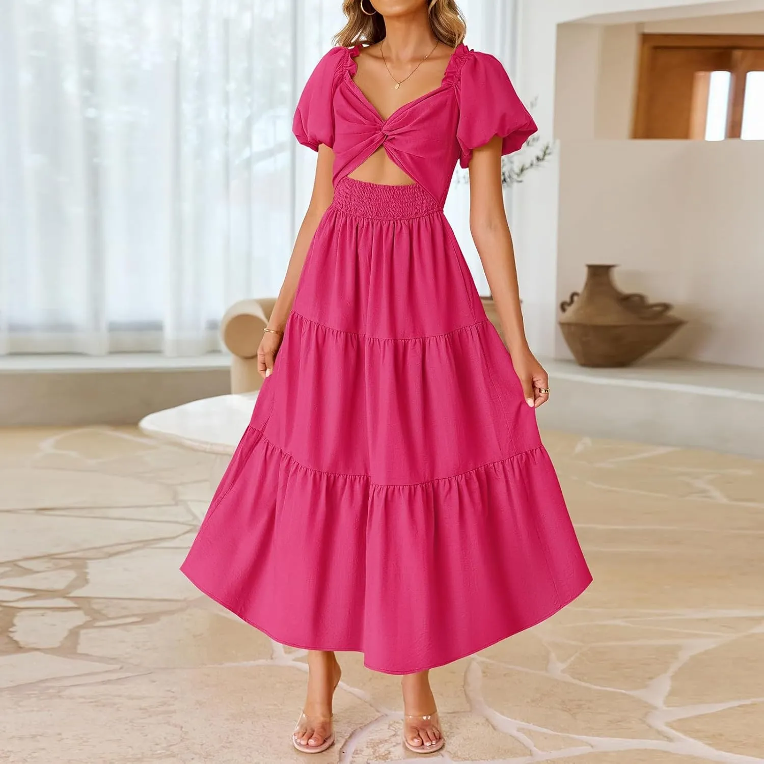 Summer Maxi Smocked Dresses for Women 2025 Vacation Short Puff Sleeve V Neck Cut Out Knot Long Flowy Tiered A Line Dress