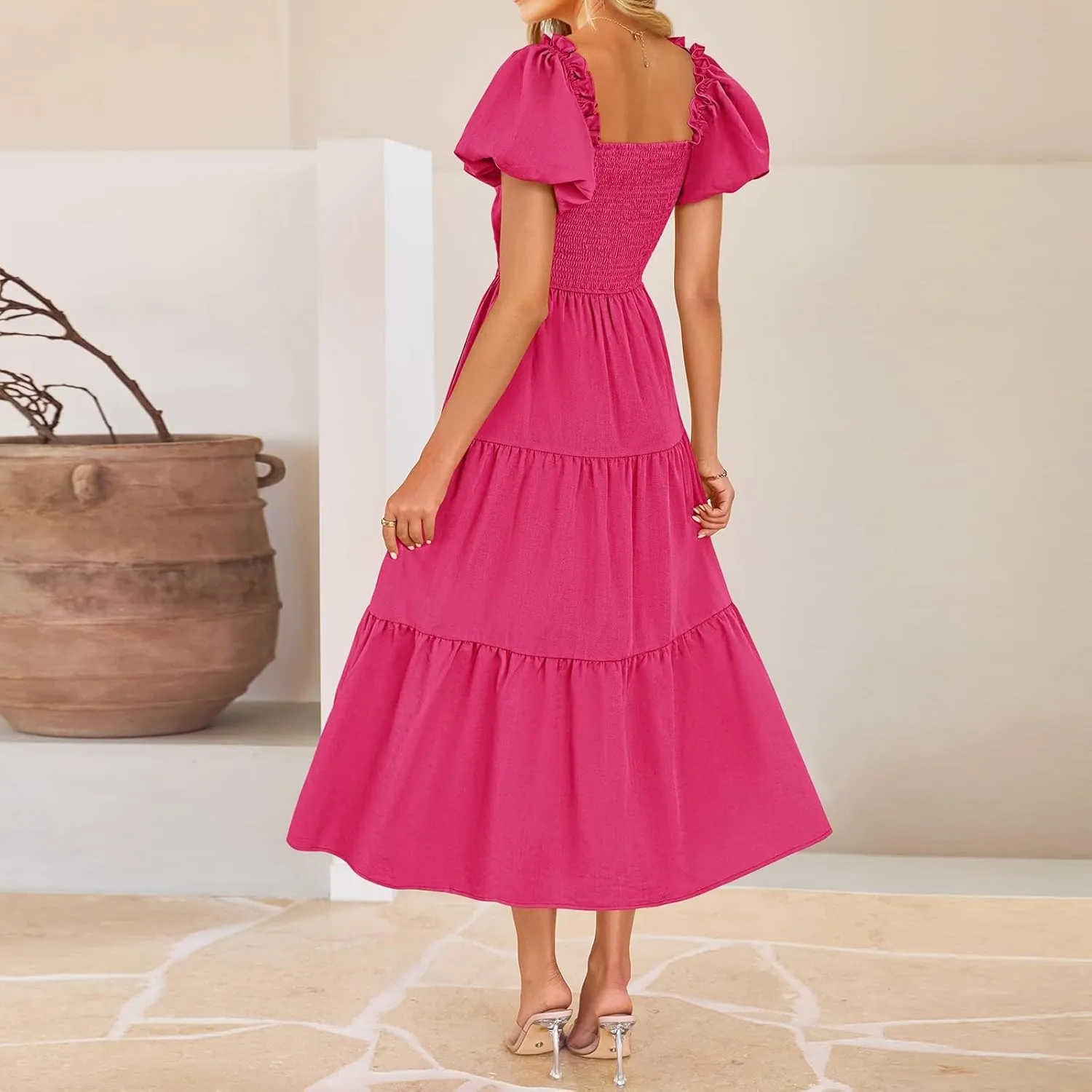 Summer Maxi Smocked Dresses for Women 2025 Vacation Short Puff Sleeve V Neck Cut Out Knot Long Flowy Tiered A Line Dress