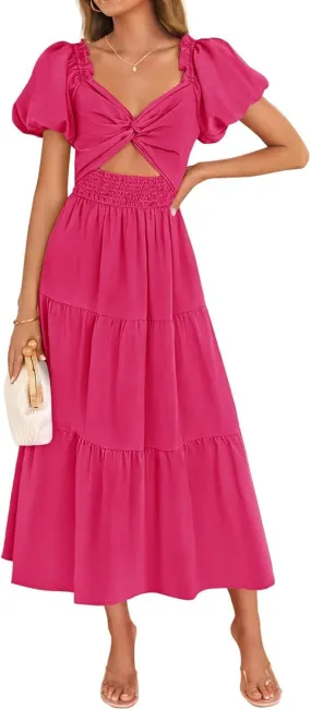 Summer Maxi Smocked Dresses for Women 2025 Vacation Short Puff Sleeve V Neck Cut Out Knot Long Flowy Tiered A Line Dress