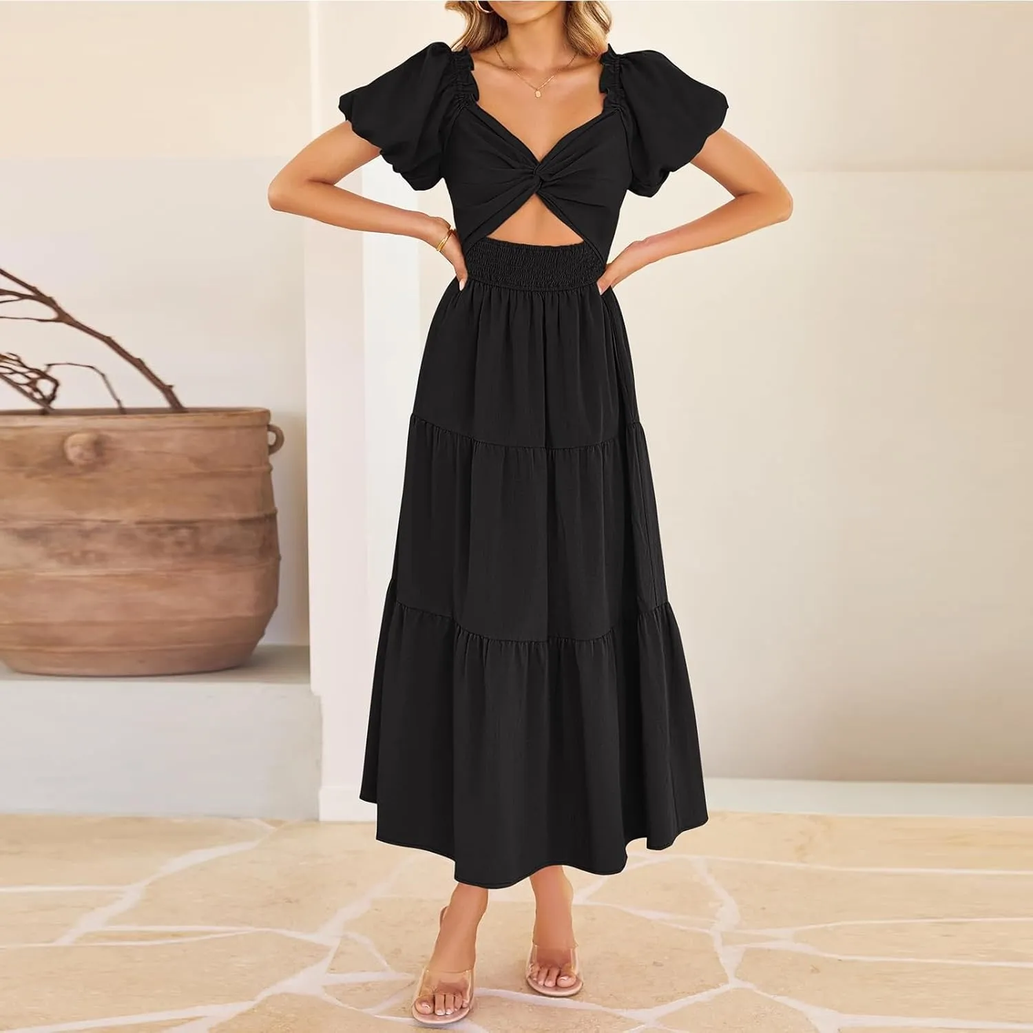Summer Maxi Smocked Dresses for Women 2025 Vacation Short Puff Sleeve V Neck Cut Out Knot Long Flowy Tiered A Line Dress