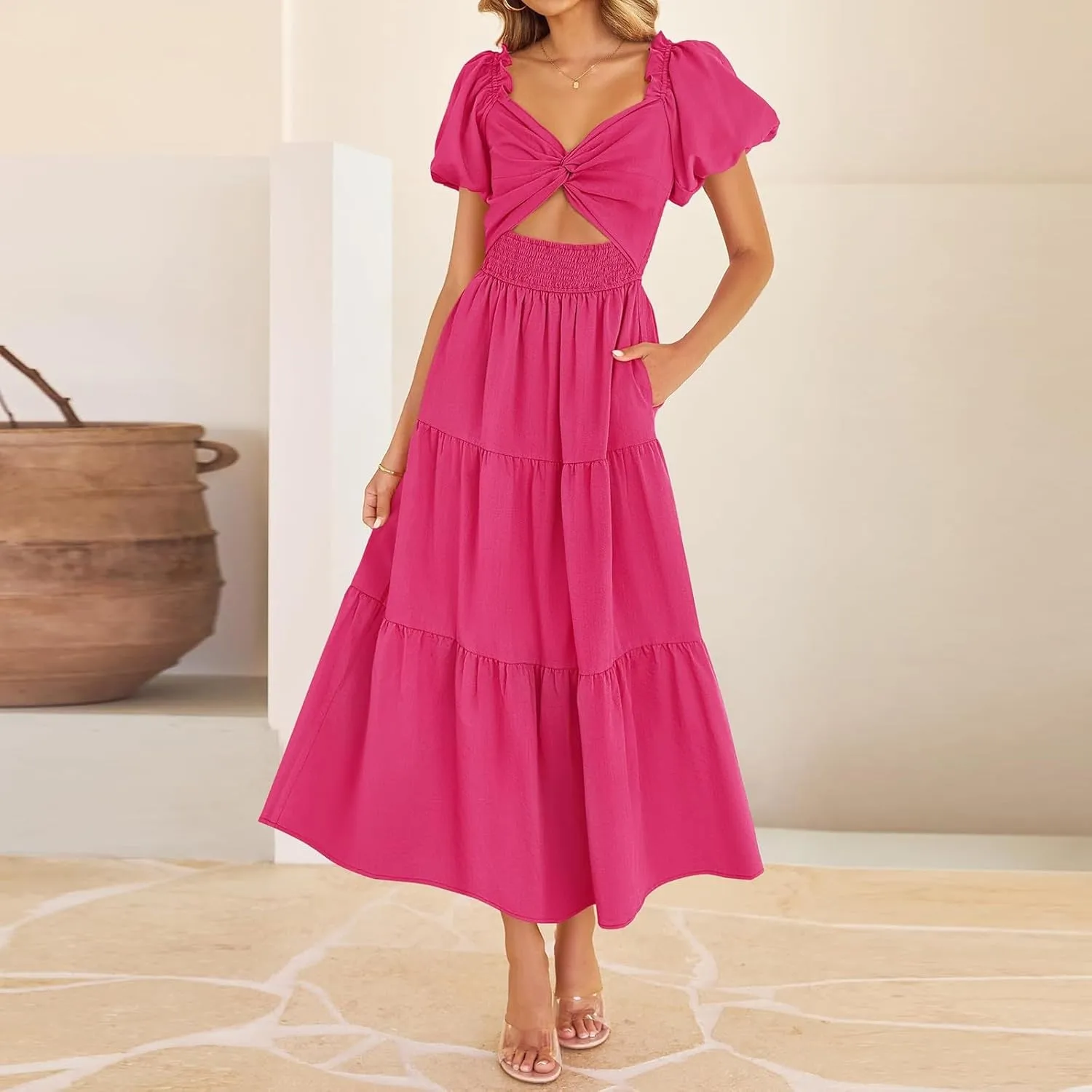 Summer Maxi Smocked Dresses for Women 2025 Vacation Short Puff Sleeve V Neck Cut Out Knot Long Flowy Tiered A Line Dress