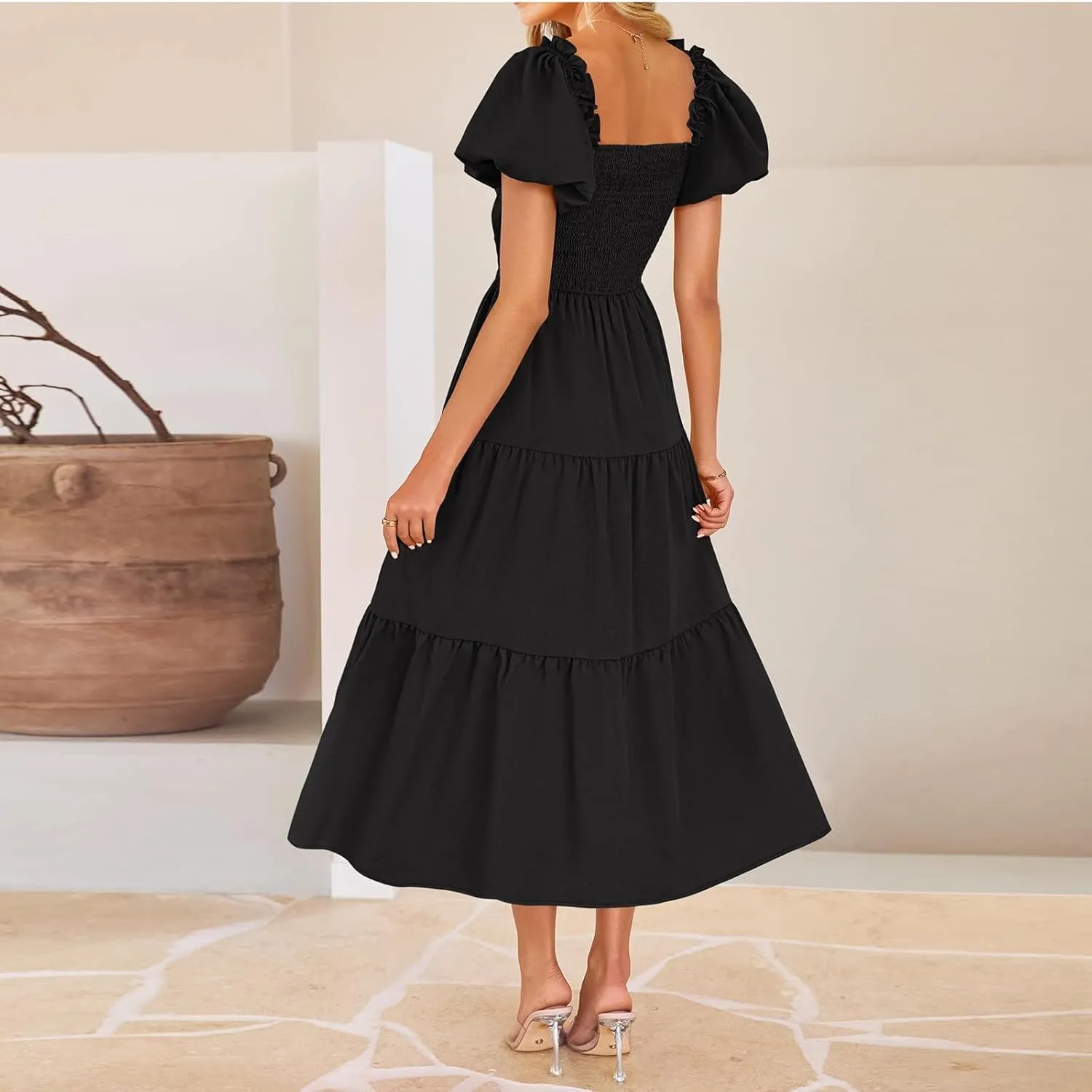 Summer Maxi Smocked Dresses for Women 2025 Vacation Short Puff Sleeve V Neck Cut Out Knot Long Flowy Tiered A Line Dress
