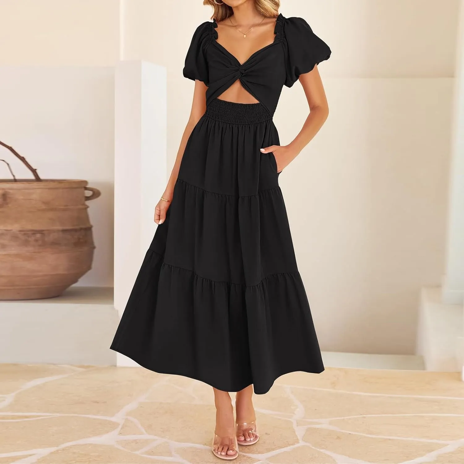 Summer Maxi Smocked Dresses for Women 2025 Vacation Short Puff Sleeve V Neck Cut Out Knot Long Flowy Tiered A Line Dress