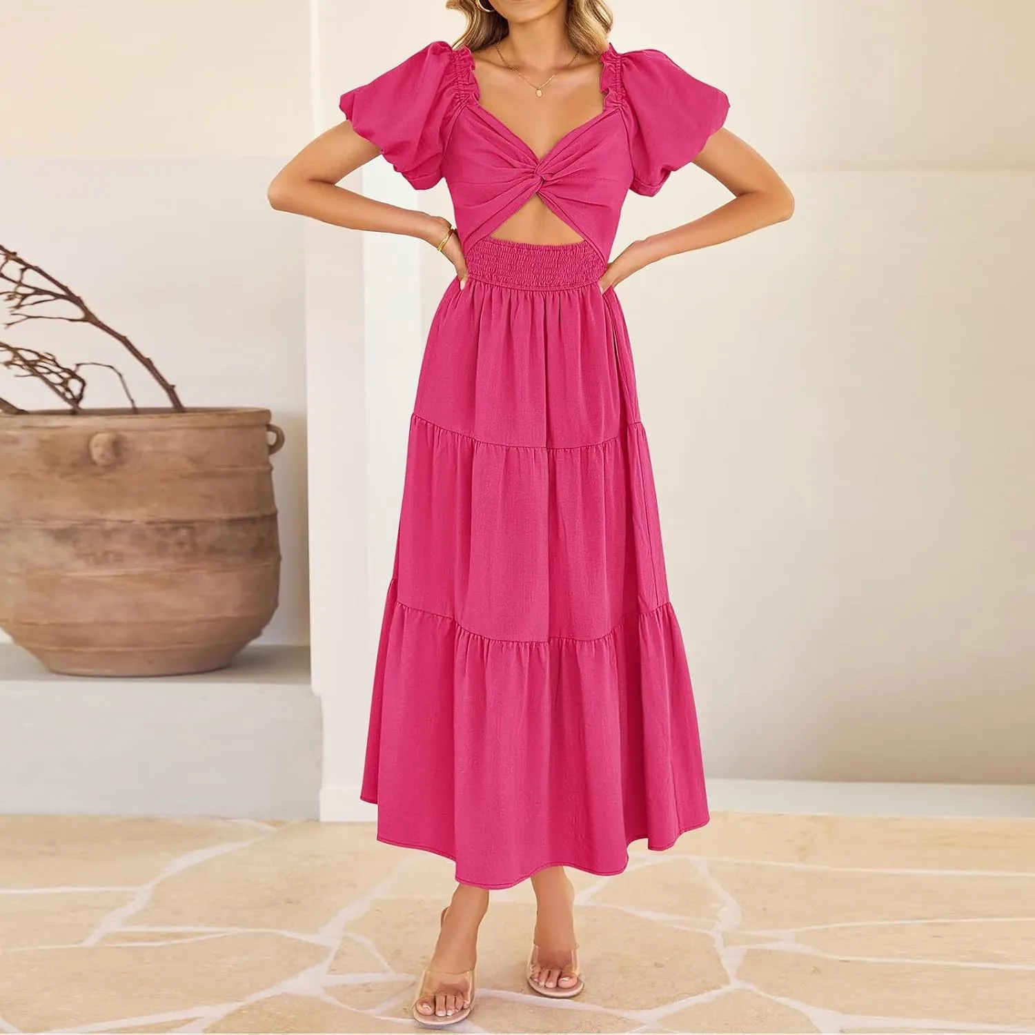 Summer Maxi Smocked Dresses for Women 2025 Vacation Short Puff Sleeve V Neck Cut Out Knot Long Flowy Tiered A Line Dress