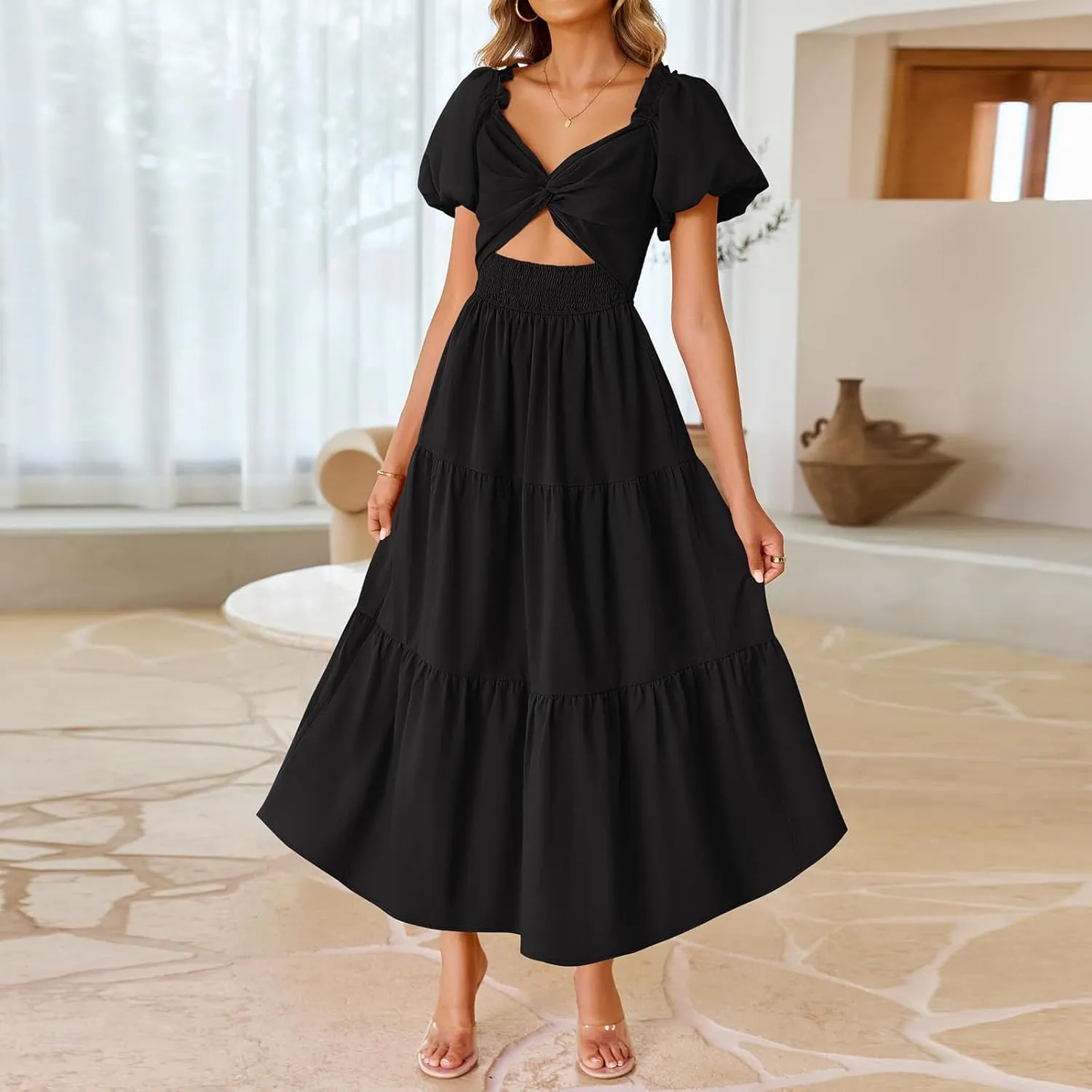Summer Maxi Smocked Dresses for Women 2025 Vacation Short Puff Sleeve V Neck Cut Out Knot Long Flowy Tiered A Line Dress