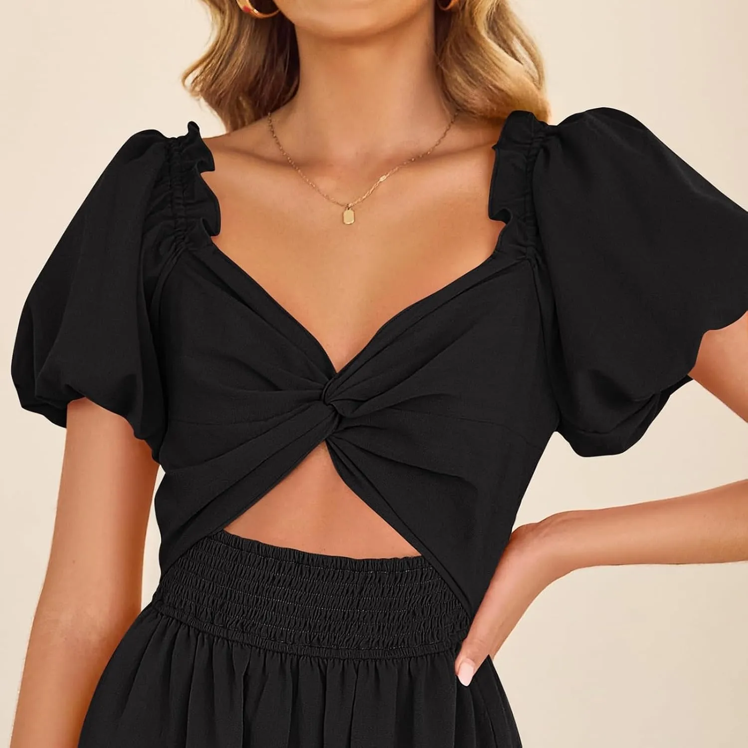 Summer Maxi Smocked Dresses for Women 2025 Vacation Short Puff Sleeve V Neck Cut Out Knot Long Flowy Tiered A Line Dress
