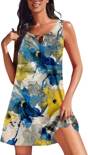 Sundresses for Women Boho Sleeveless Short Dress U Neck Pleated A Line Floral Prints Tank Dresses with Pockets