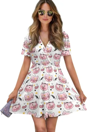 Vacation Dresses for Women V Neck Short Sleeve High Waist T Shirt Dress Slim Fit Summer Wedding Guest Outfit s-XXL