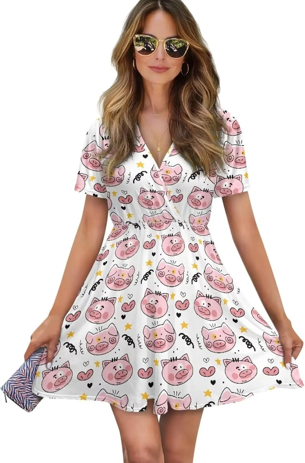 Vacation Dresses for Women V Neck Short Sleeve High Waist T Shirt Dress Slim Fit Summer Wedding Guest Outfit s-XXL