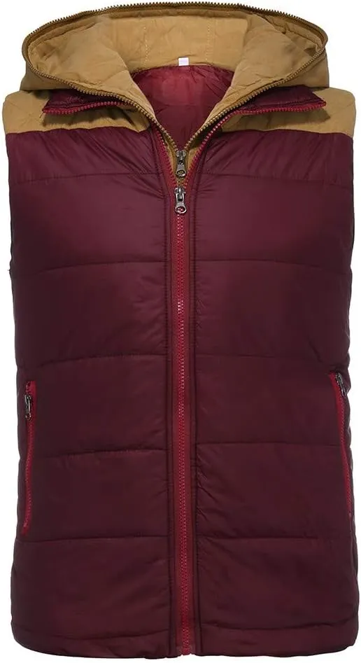 WENKOMG1 Mens Quilted Vest,Zip Up Hooded Waistcoat Warm Cozy Puffer Vest Solid Comfy Sleeveless Outerwear