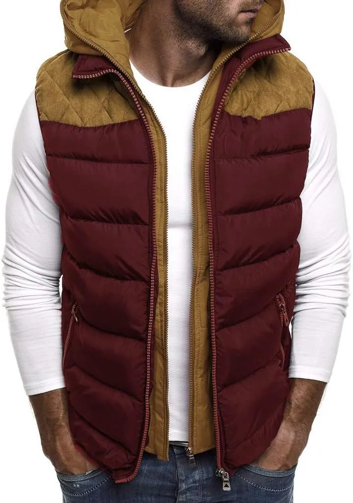 WENKOMG1 Mens Quilted Vest,Zip Up Hooded Waistcoat Warm Cozy Puffer Vest Solid Comfy Sleeveless Outerwear