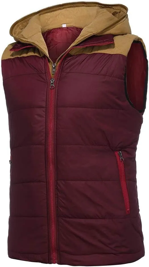 WENKOMG1 Mens Quilted Vest,Zip Up Hooded Waistcoat Warm Cozy Puffer Vest Solid Comfy Sleeveless Outerwear