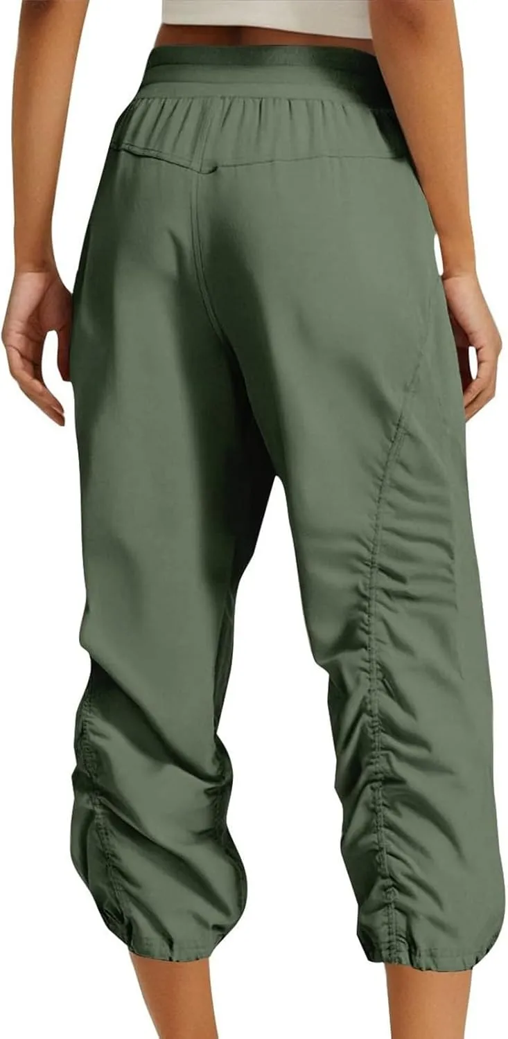 Women Capri Pants Casual Drawstring Elastic High Waisted Pant Quick Dry Tapered Pant Athletic Workout Hiking Trousers
