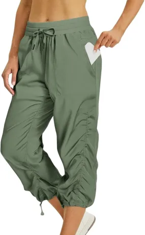 Women Capri Pants Casual Drawstring Elastic High Waisted Pant Quick Dry Tapered Pant Athletic Workout Hiking Trousers