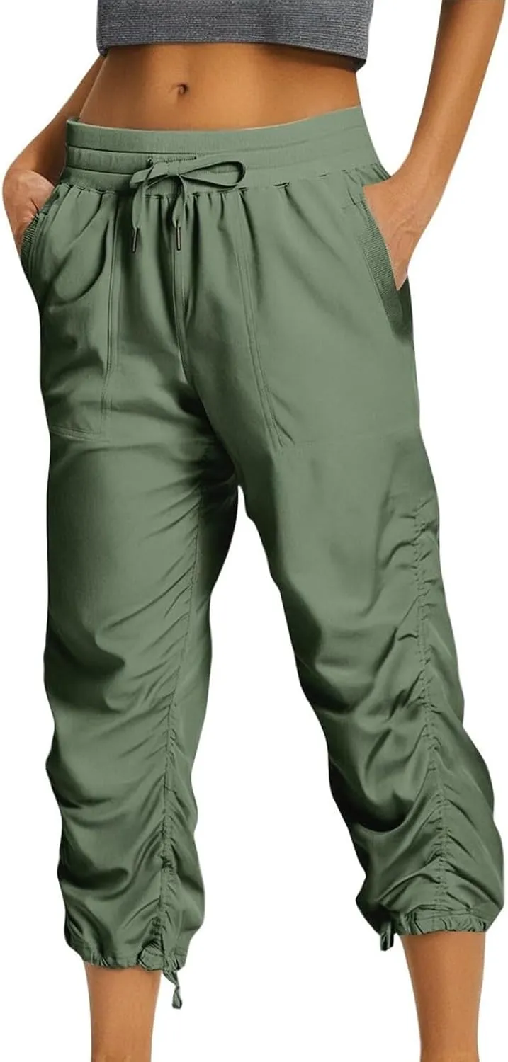 Women Capri Pants Casual Drawstring Elastic High Waisted Pant Quick Dry Tapered Pant Athletic Workout Hiking Trousers