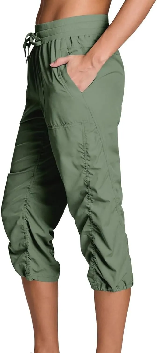 Women Capri Pants Casual Drawstring Elastic High Waisted Pant Quick Dry Tapered Pant Athletic Workout Hiking Trousers