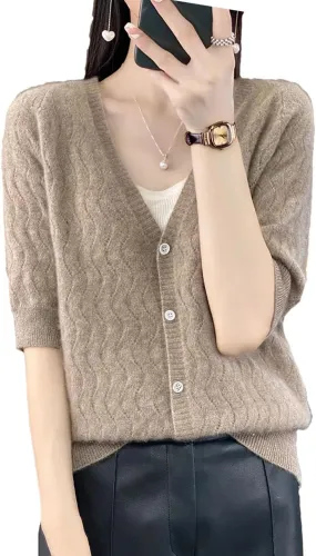 Women Cardigan V-Neck Half-Sleeve Sweater Hollow Out Soft Knitwear Women Clothing