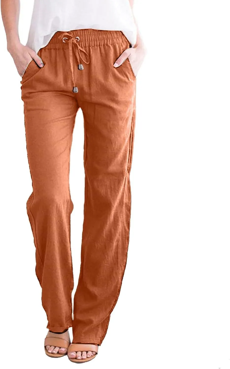 Women Cotton Linen Summer Drawstring Pant Trousers Elastic Waisted Baggy Stretchy Slim-Fit Palazzo Pants Trendy
