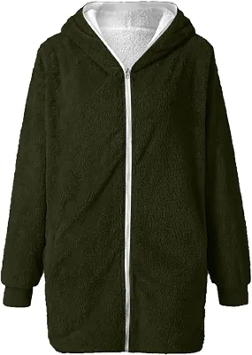 Women Girls Winter Sherpa Hooded Jackets Zip up Hoodie Quilted Lightweight Wool Blend Fleece Trench Coats Outerwear