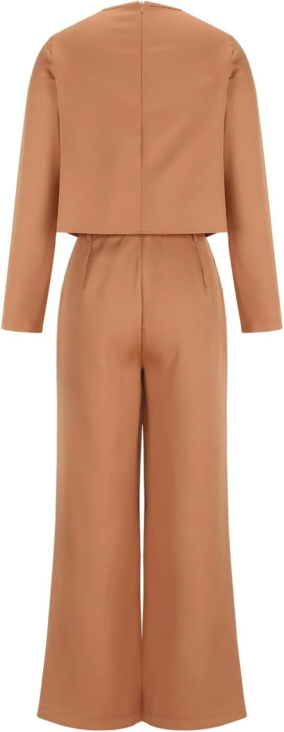 Women's 2 Piece Dressy Outfits Business Crewneck Cropped Tops and Wide Leg Pants Suit Sets Work Office Clothes