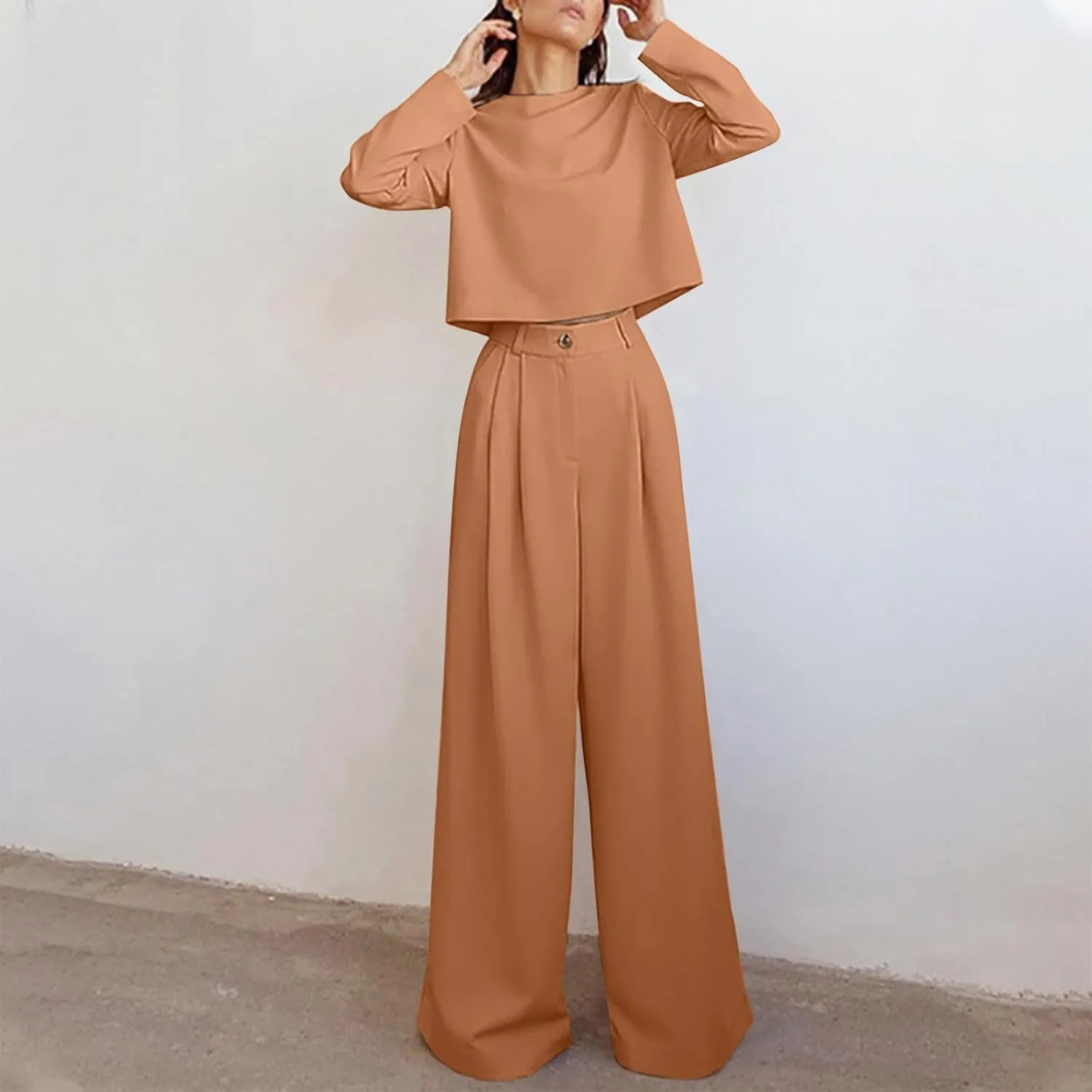 Women's 2 Piece Dressy Outfits Business Crewneck Cropped Tops and Wide Leg Pants Suit Sets Work Office Clothes