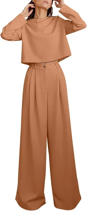 Women's 2 Piece Dressy Outfits Business Crewneck Cropped Tops and Wide Leg Pants Suit Sets Work Office Clothes