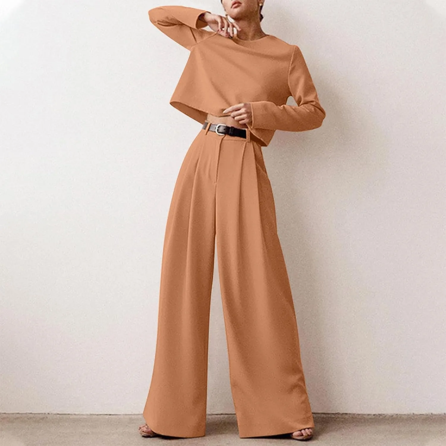 Women's 2 Piece Dressy Outfits Business Crewneck Cropped Tops and Wide Leg Pants Suit Sets Work Office Clothes