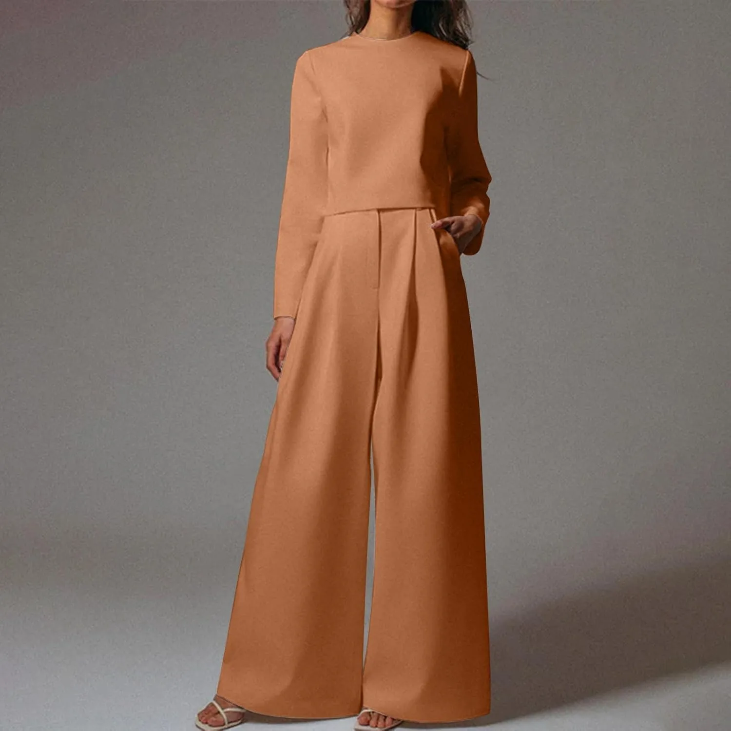 Women's 2 Piece Dressy Outfits Business Crewneck Cropped Tops and Wide Leg Pants Suit Sets Work Office Clothes