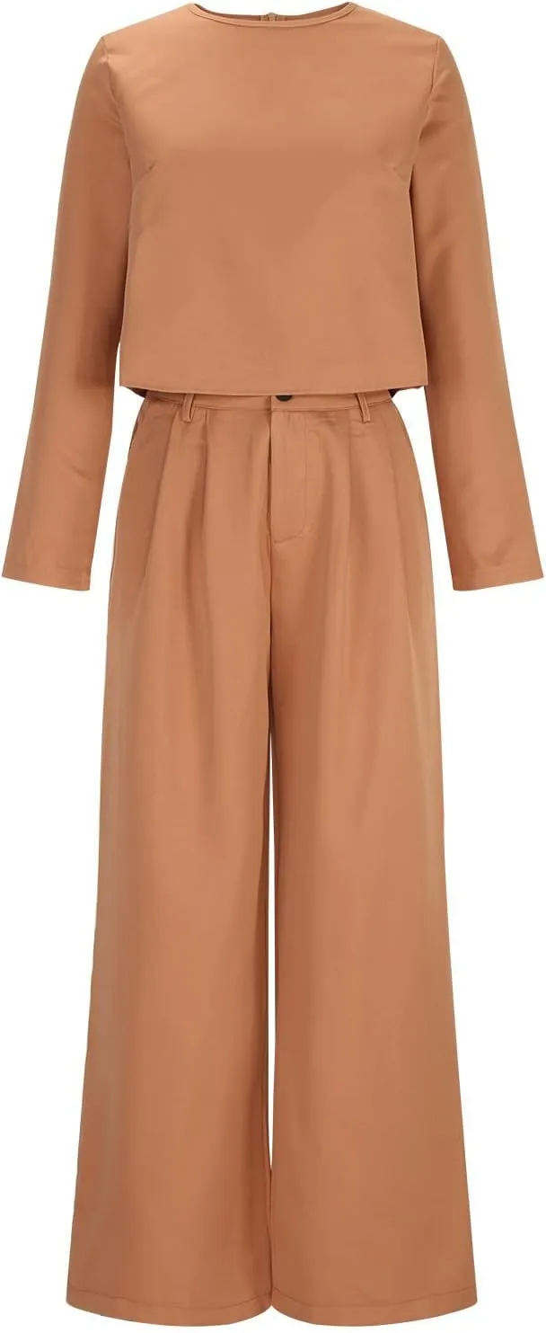 Women's 2 Piece Dressy Outfits Business Crewneck Cropped Tops and Wide Leg Pants Suit Sets Work Office Clothes