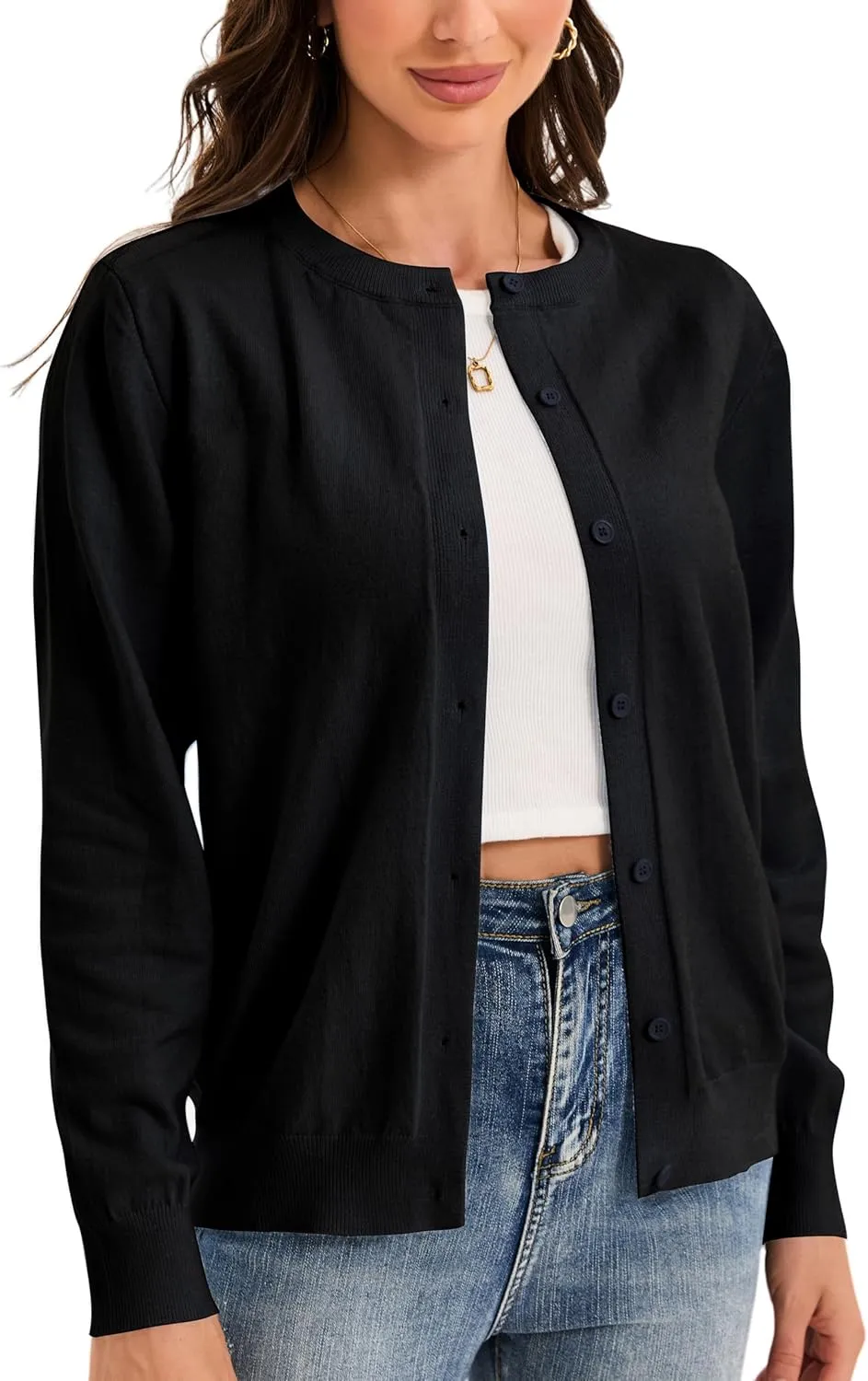 Womens Cardigan Sweaters Button Down Classic Long Sleeve Casual Crew Neck Soft Regular Fit Spring Tops（S-2XL）