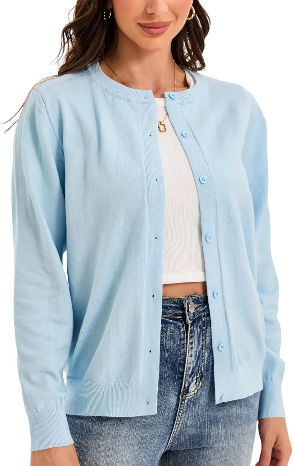 Womens Cardigan Sweaters Button Down Classic Long Sleeve Casual Crew Neck Soft Regular Fit Spring Tops（S-2XL）