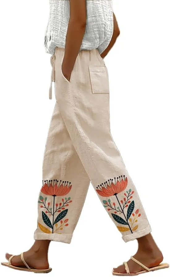 Womens Casual Pants Wide Leg Trousers Elastic Waist Large Size Graphic Trousers with Pockets