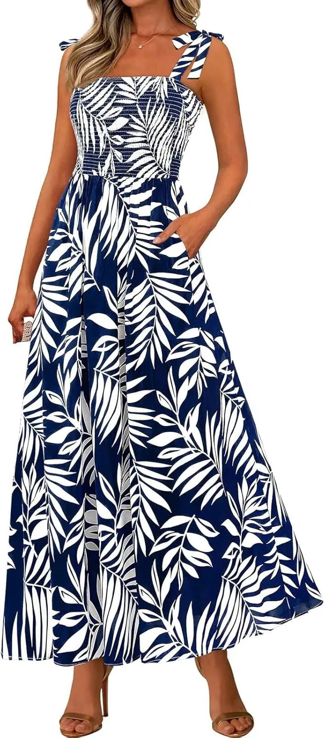 Womens Dresses 2025 Summer Floral Sleeveless Maxi Dress Casual Spaghetti Strap Tiered Flowy Beach Long Dress