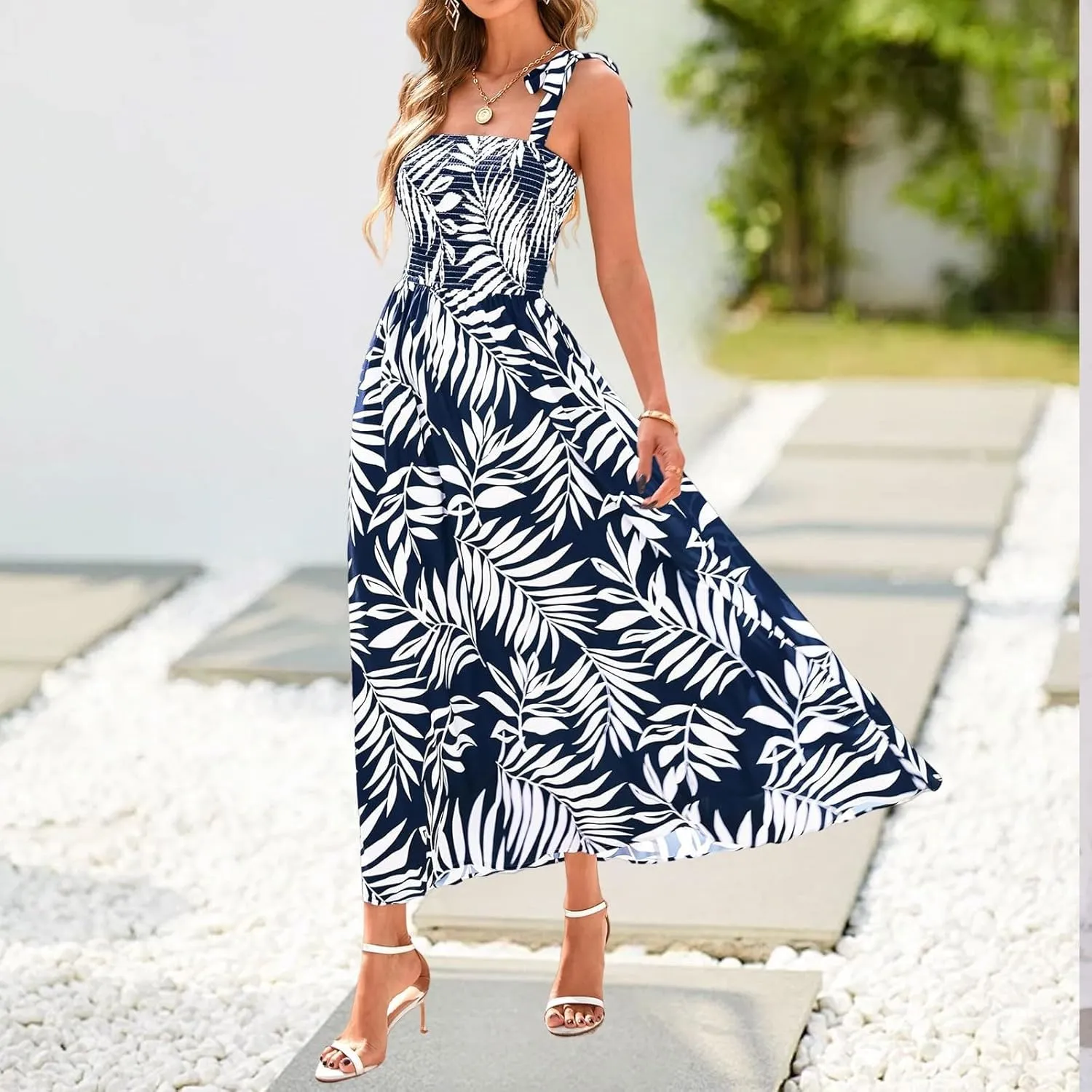 Womens Dresses 2025 Summer Floral Sleeveless Maxi Dress Casual Spaghetti Strap Tiered Flowy Beach Long Dress
