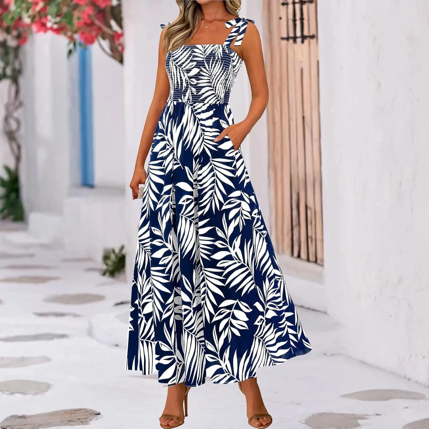 Womens Dresses 2025 Summer Floral Sleeveless Maxi Dress Casual Spaghetti Strap Tiered Flowy Beach Long Dress