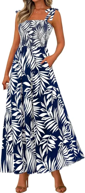 Womens Dresses 2025 Summer Floral Sleeveless Maxi Dress Casual Spaghetti Strap Tiered Flowy Beach Long Dress