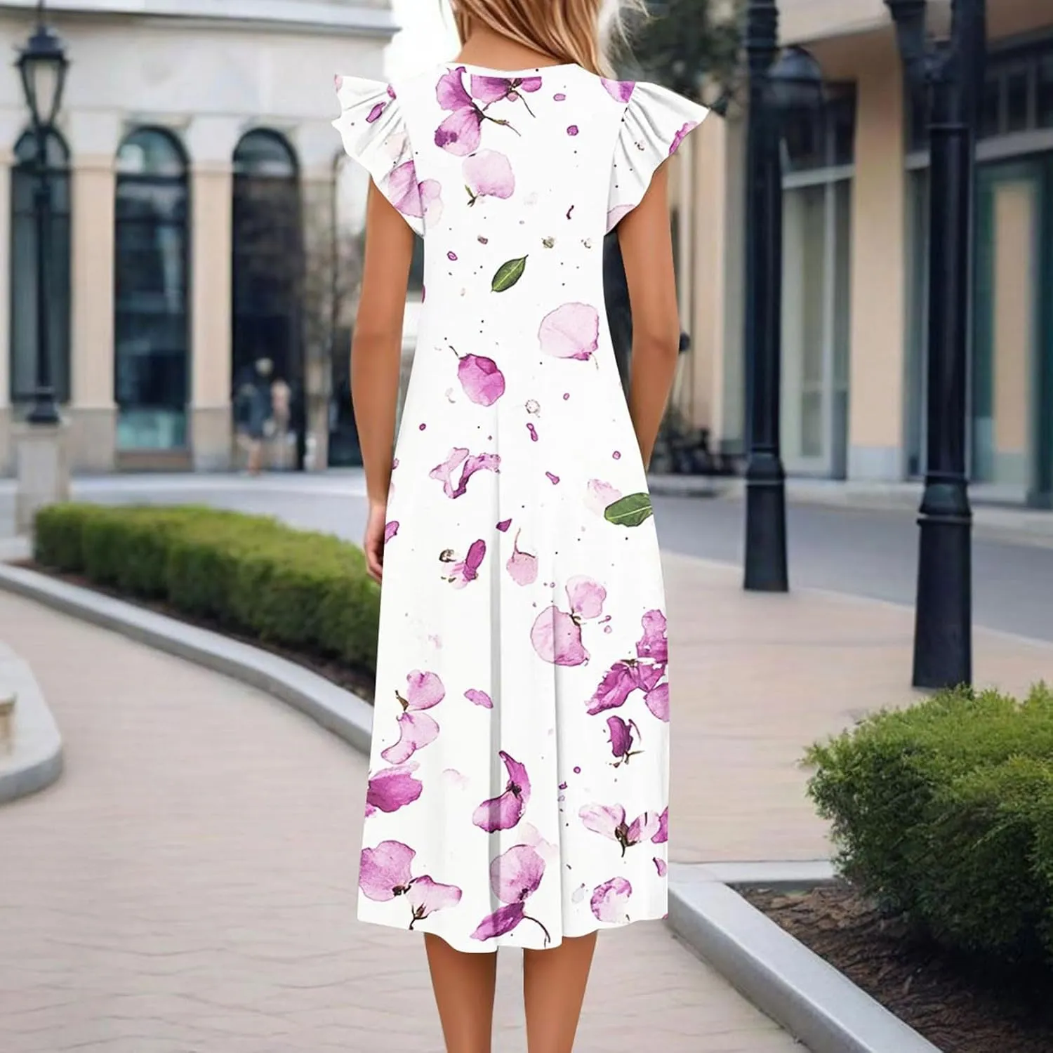 Women's Floral Midi Summer Dresses with Pockets, Flared Sleeve Round Neck Flowy Long Beach Beach Sundress
