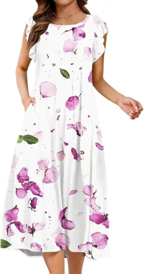 Women's Floral Midi Summer Dresses with Pockets, Flared Sleeve Round Neck Flowy Long Beach Beach Sundress