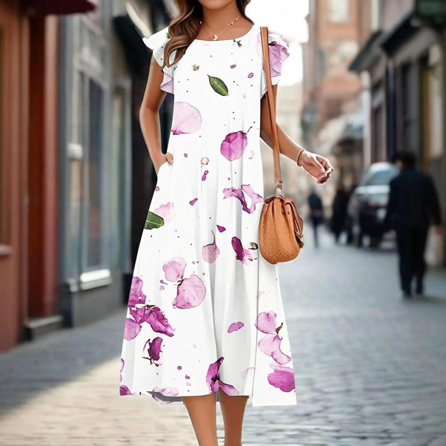 Women's Floral Midi Summer Dresses with Pockets, Flared Sleeve Round Neck Flowy Long Beach Beach Sundress