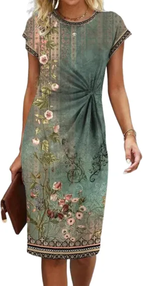 Women's Green Floral Print Round Neck Short Sleeve Shift Mini Dress 2025 Summer Casual Chic Cocktail Party Dresses