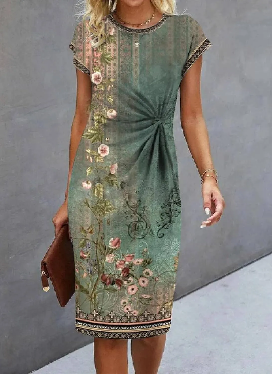 Women's Green Floral Print Round Neck Short Sleeve Shift Mini Dress 2025 Summer Casual Chic Cocktail Party Dresses