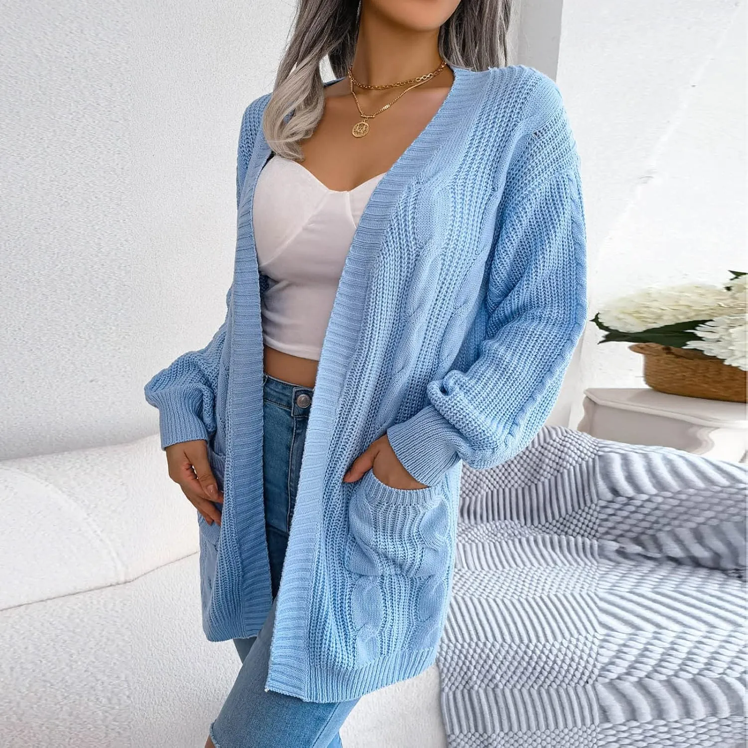 Women's Long Sleeve Soft Chunky Knit Sweater Solid Pockets Open Front Cardigans Outwear Coat Casual Cozy Fall Cover Up