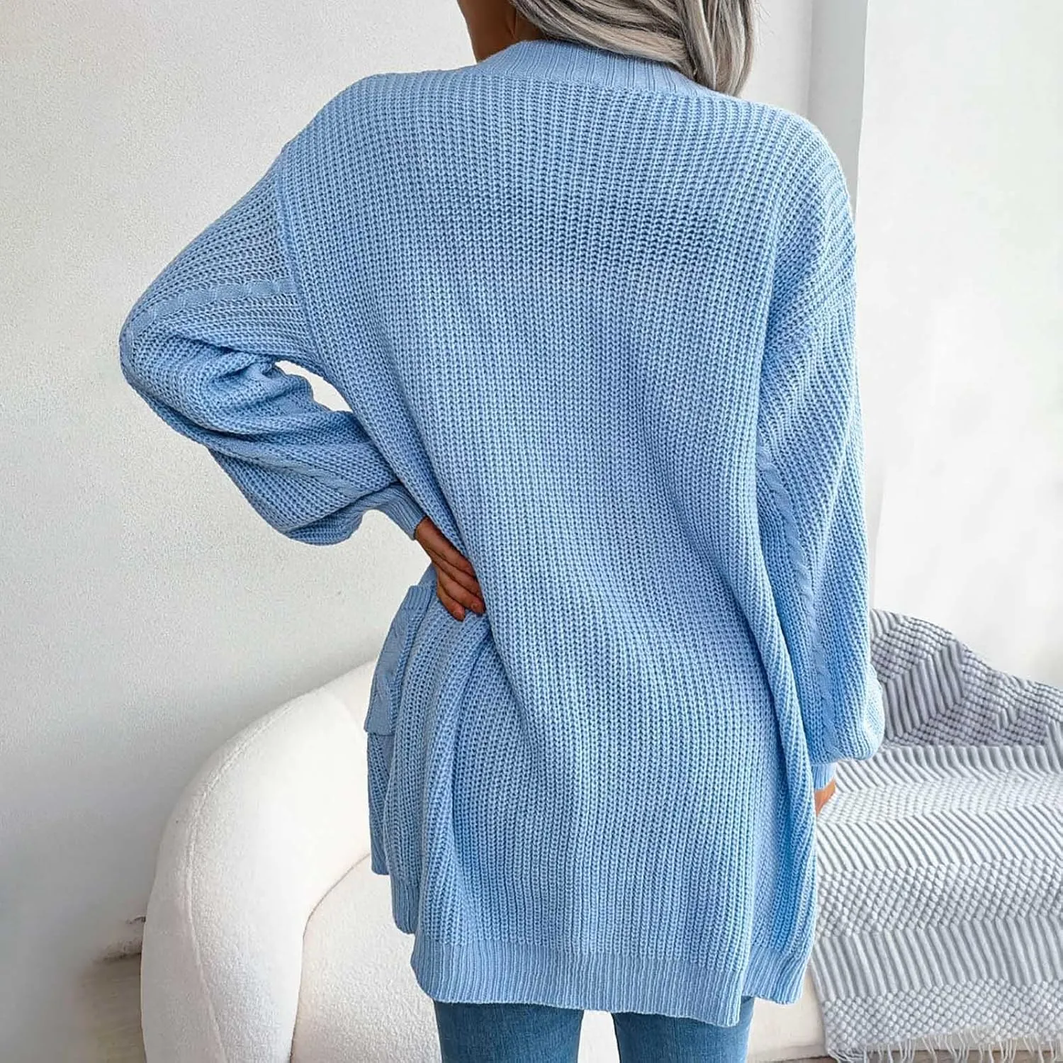 Women's Long Sleeve Soft Chunky Knit Sweater Solid Pockets Open Front Cardigans Outwear Coat Casual Cozy Fall Cover Up