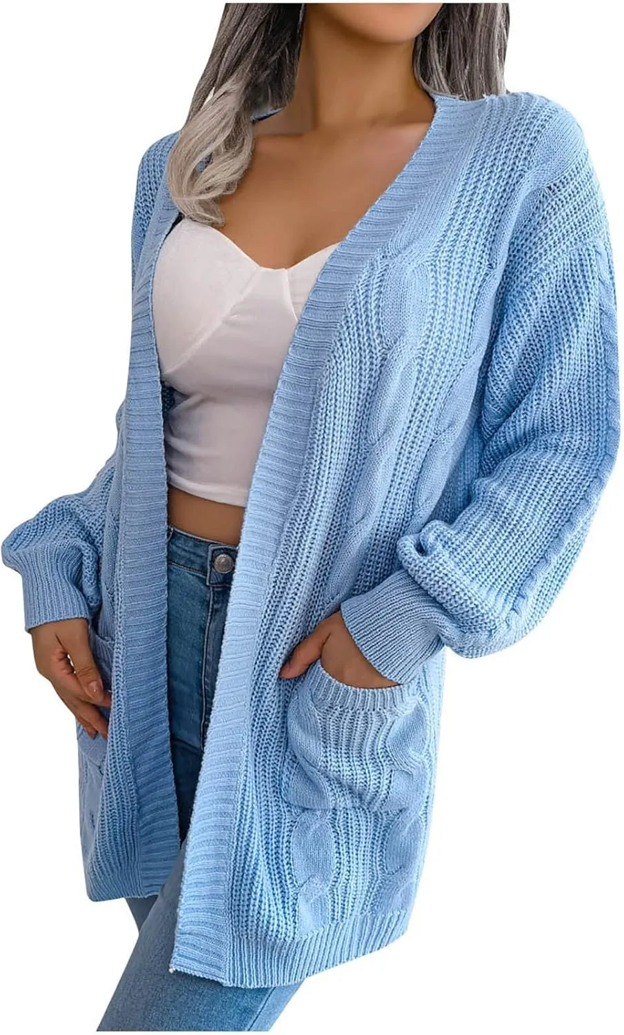 Women's Long Sleeve Soft Chunky Knit Sweater Solid Pockets Open Front Cardigans Outwear Coat Casual Cozy Fall Cover Up