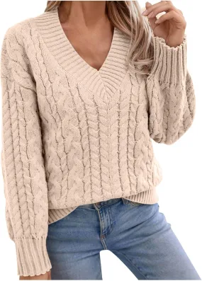 Women's Long Sleeve V Neck Cable Knit Sweater Jumper 2024 Fall Pullover Tops Cute Soft Ladies Dressy Casual Outfits