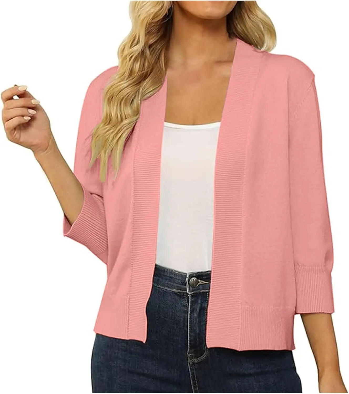 Women's Loose 3/4 Sleeve Cardigan Knitted Sweater Solid Color Cropped Tops Casual Soft Fall Blouse Outwear Coat