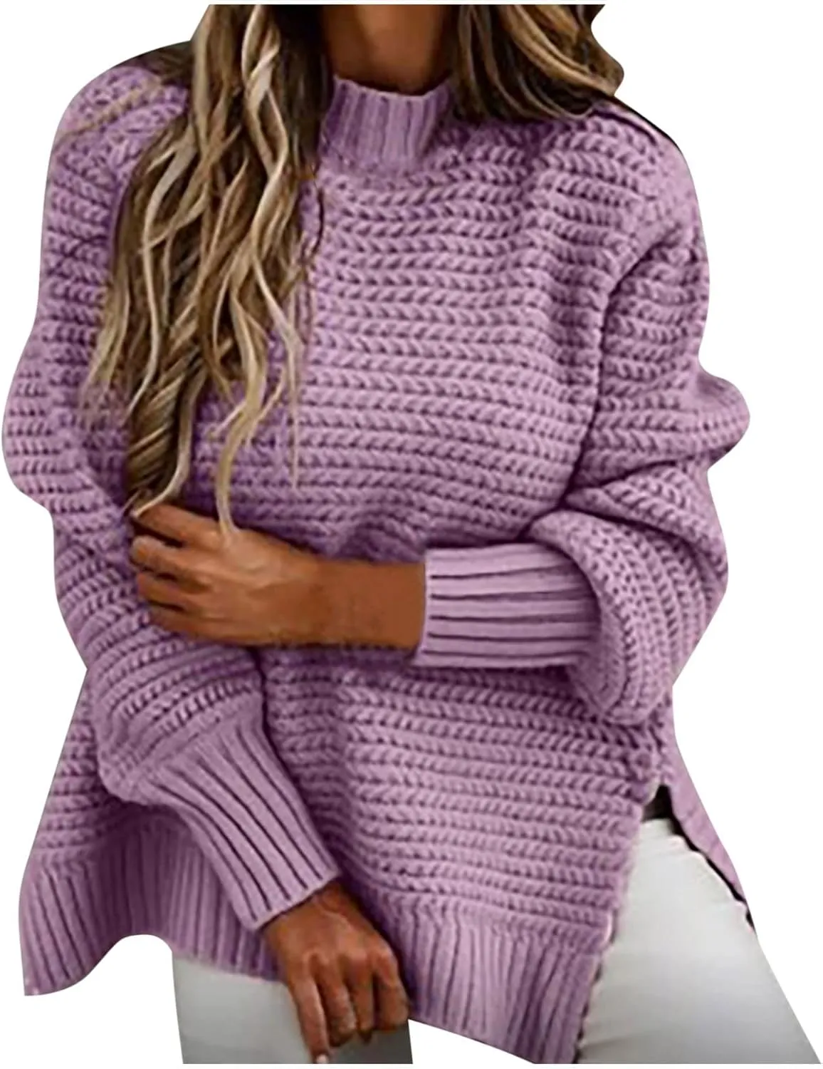 Womens Oversized Sweater Long Sleeve Spilt Hem Pullover Sweaters Cable Knit Chunky Jumper Tops Cozy Soft Knitwear